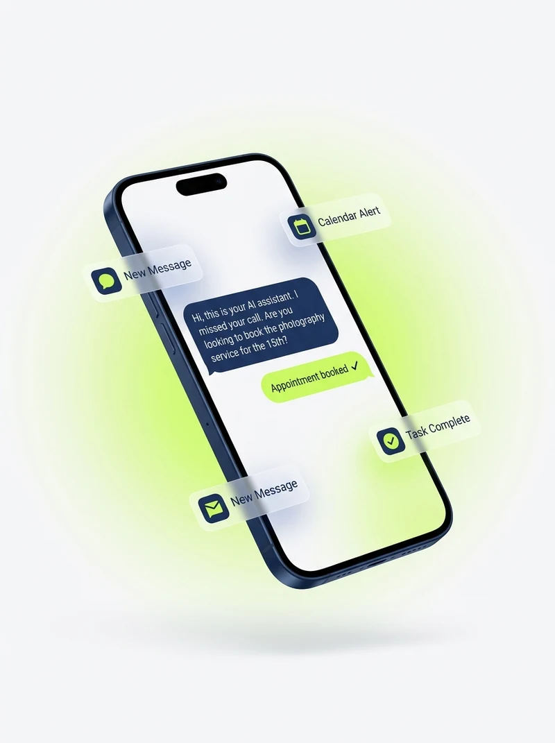 The AI texting a missed caller back in the business's name and booking the appointment in-thread.