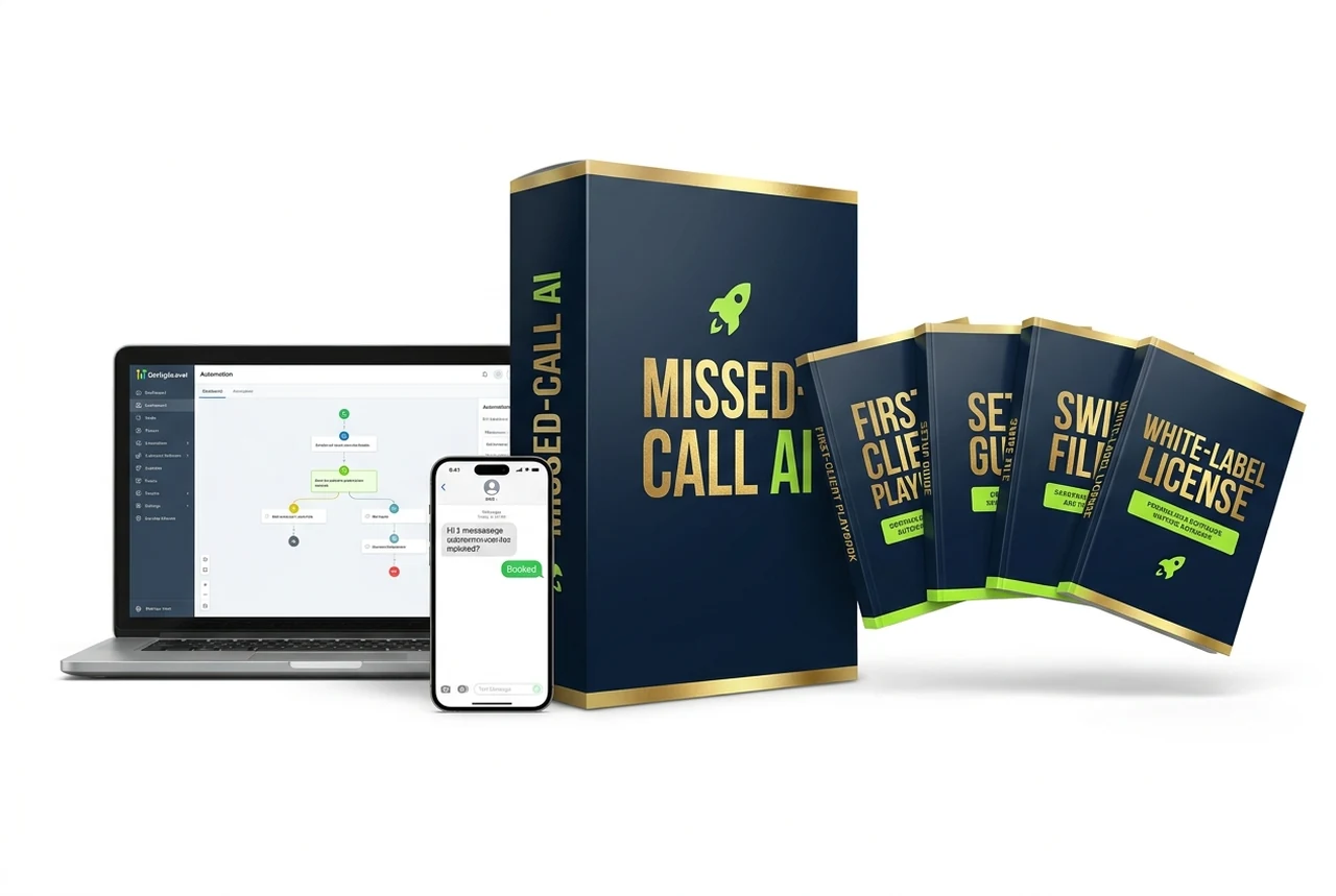 Everything you get for $97: the Missed-Call AI snapshot plus the First-Client Playbook, Setup Guide, Swipe File and white-label license.